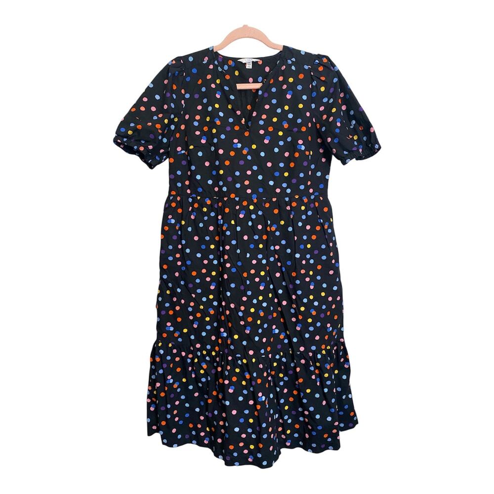 Time Tru Women Colorful Polkadot Black Midi Dress Baloon Sleeve Size S